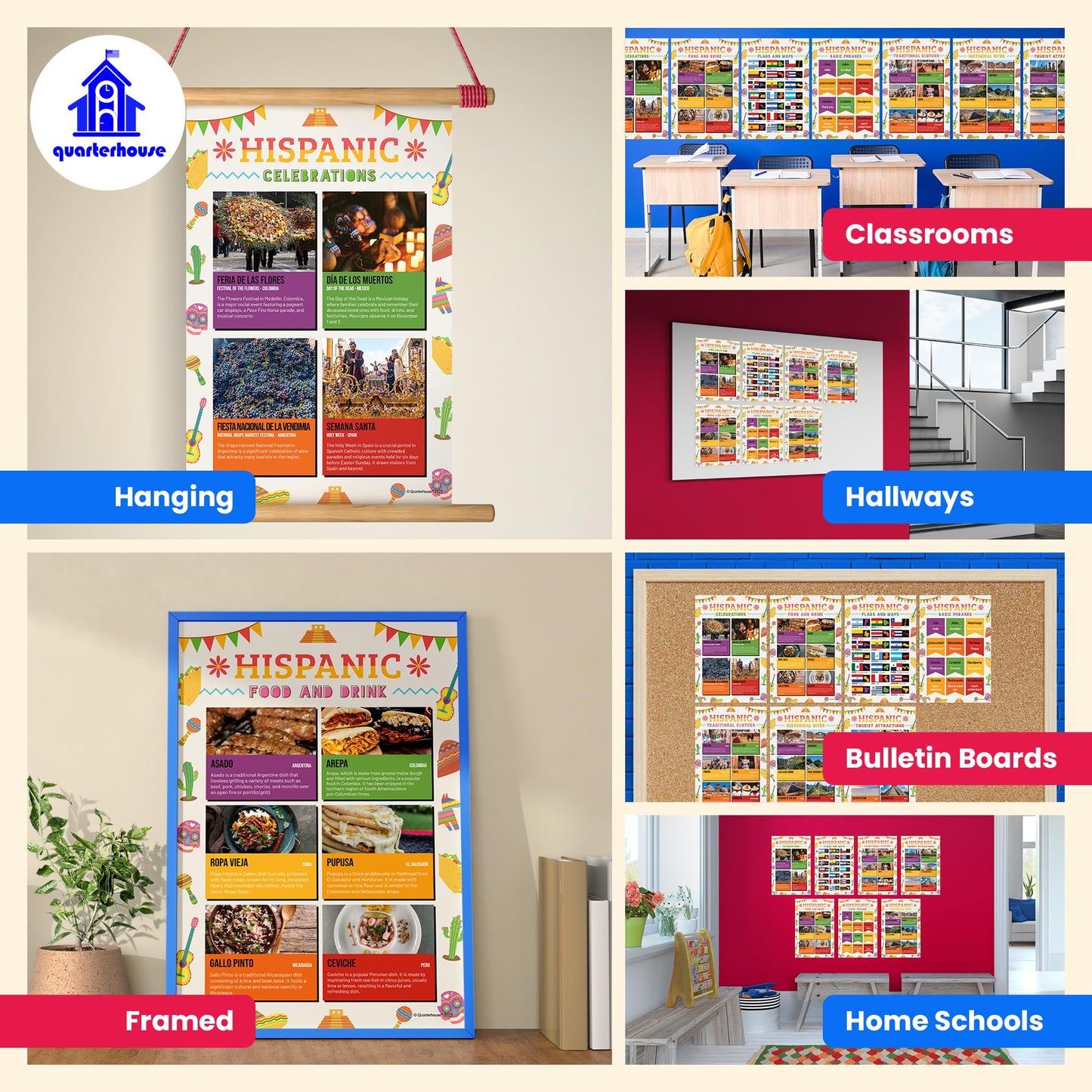 Quarterhouse Hispanic Culture Poster Set, Spanish - ESL Classroom Learning Materials for K-12 Students and Teachers, Set of 8, 12x18, Extra Durable