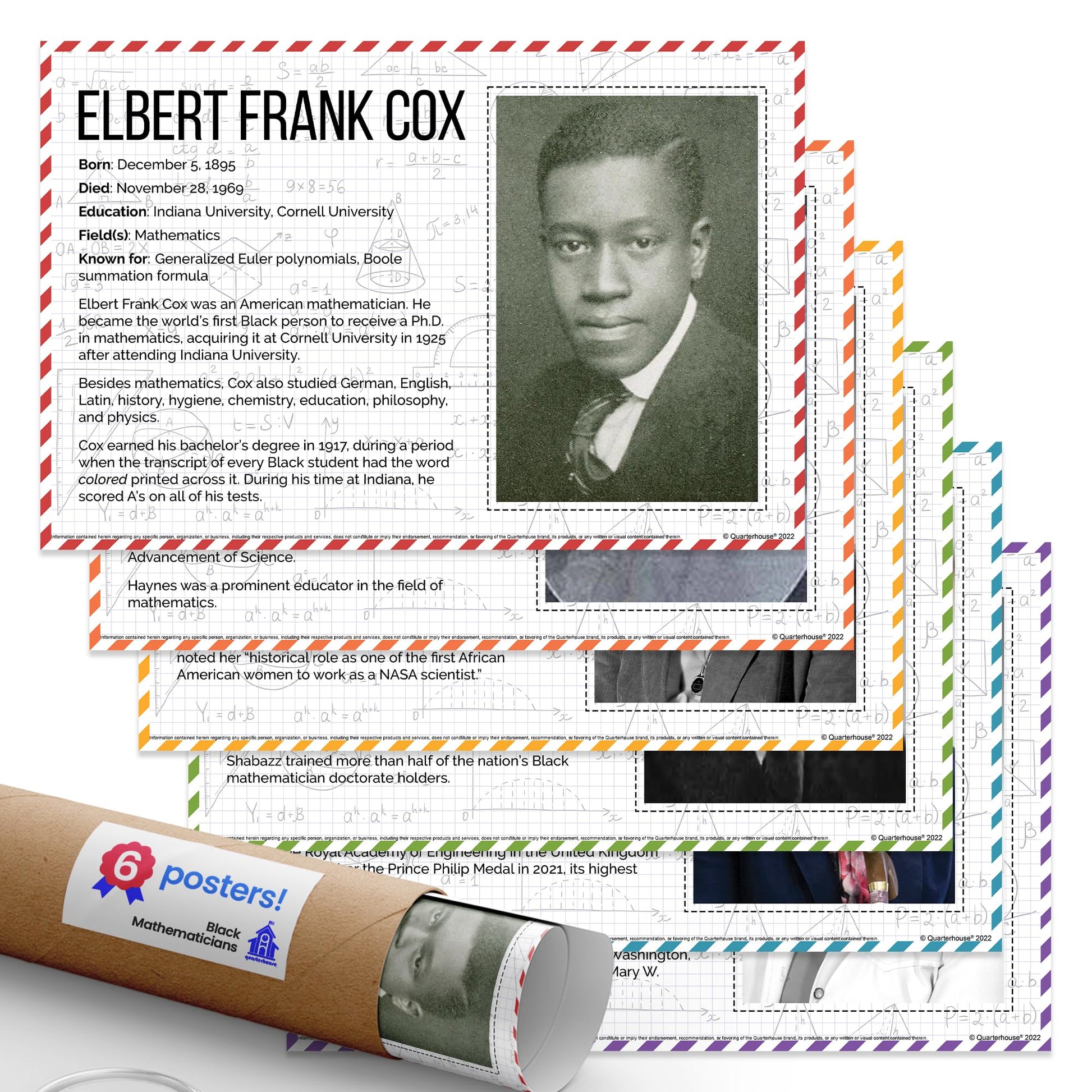 Quarterhouse Black Mathematicians Poster Set, Math and History Classroom Learning Materials for K-12 Students and Teachers, Set of 6, 12 x 18 Inches, Extra Durable