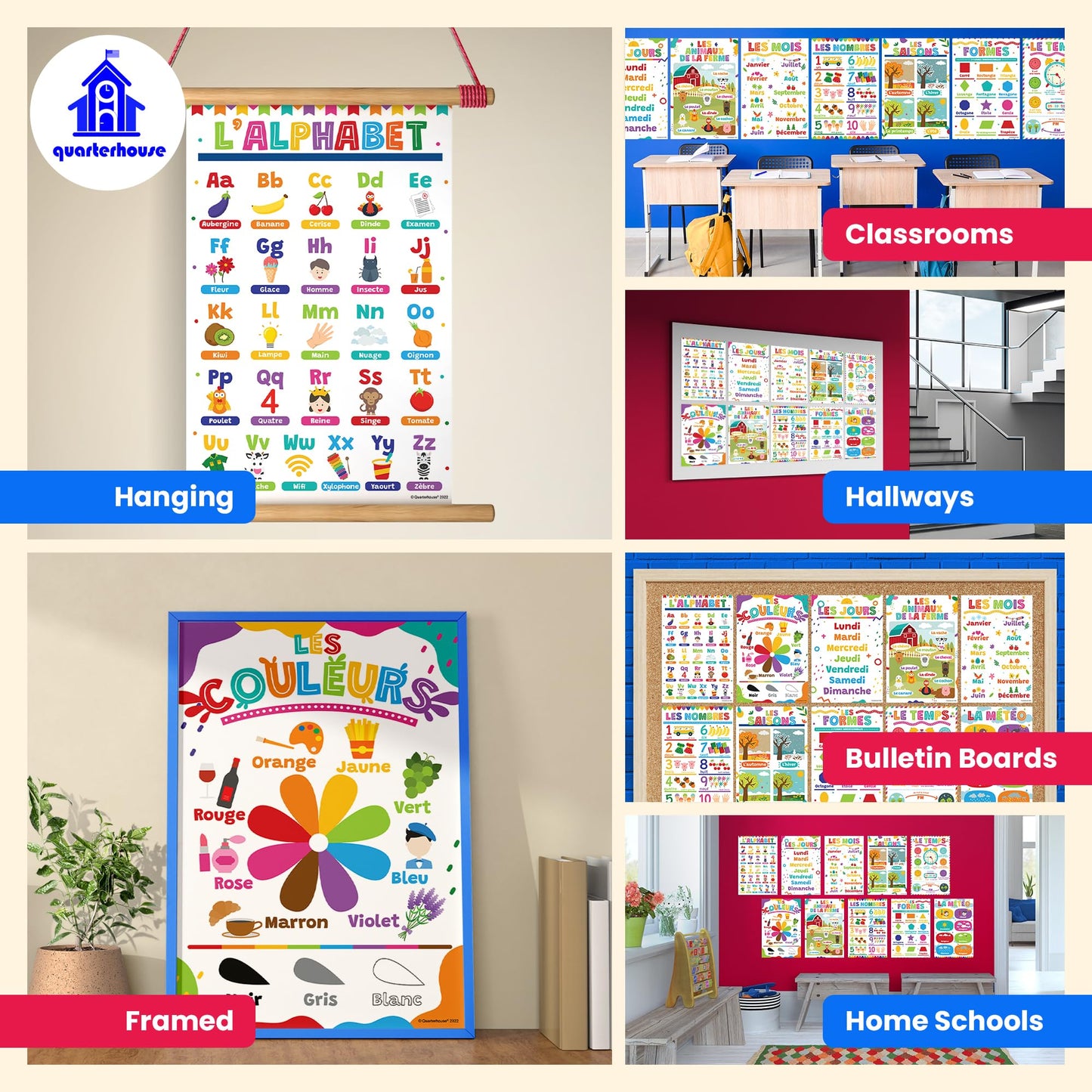 Quarterhouse Extreme Value 20 Large English-French Educational Poster Set, French Classroom Learning Materials for K-12 Students and Teachers, Double-Sided, Set of 20, 12 x 18 Inches, Extra Durable