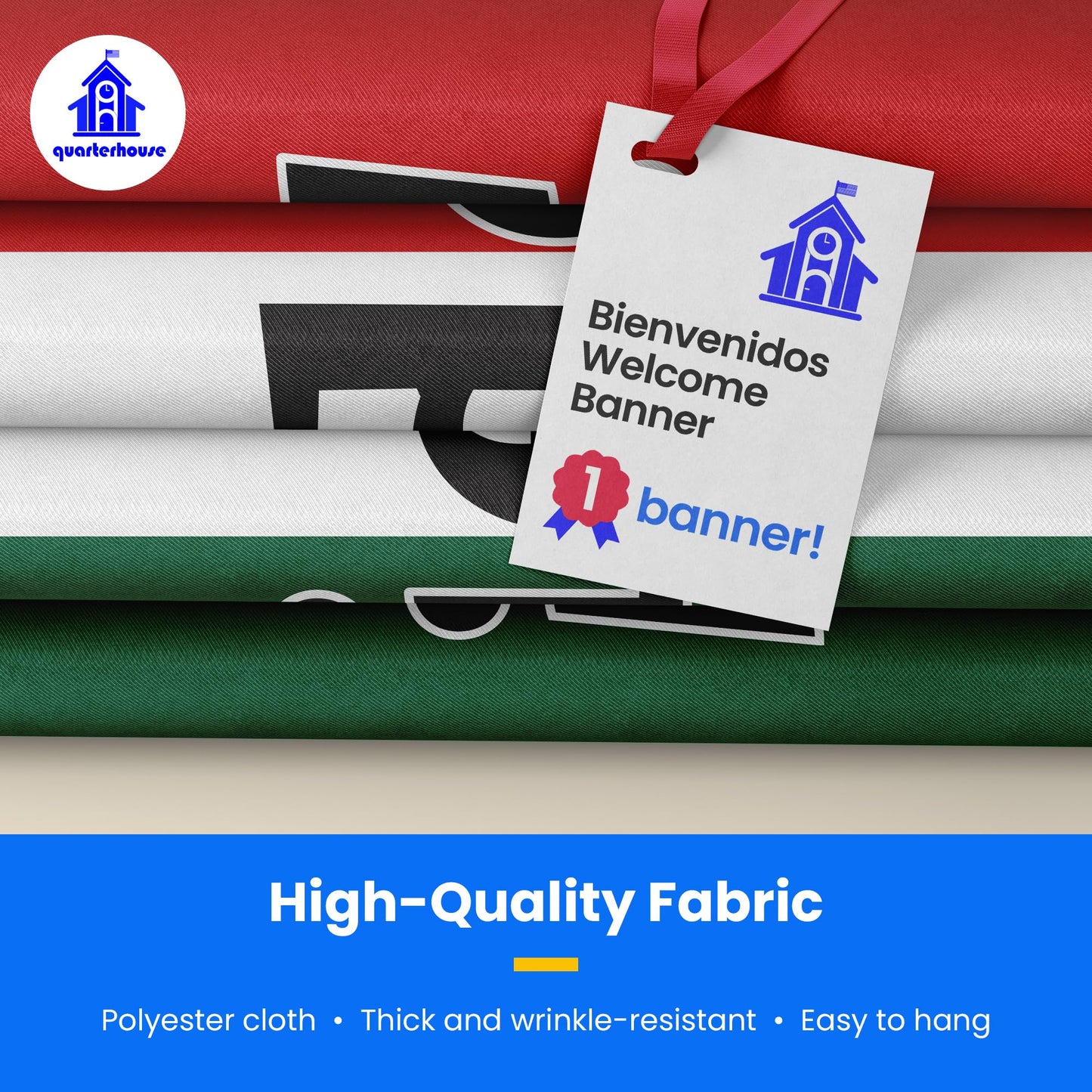 Quarterhouse Bienvenidos Welcome Banner for Spanish Classrooms, Businesses, & Special Events - Mexican Flag (Green, White, & Red) Background - Polyester, 60 x 10 Inches