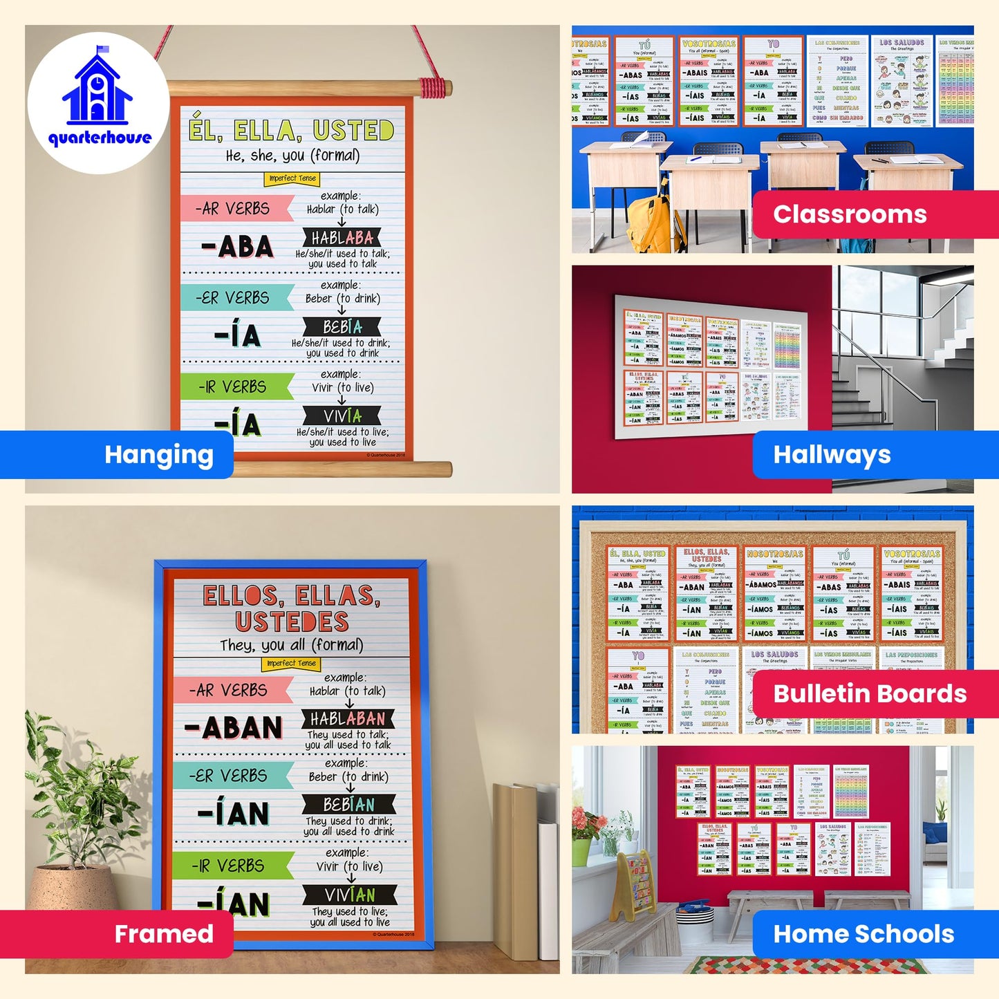 Quarterhouse Spanish Verbs & Beginner Vocabulary (Set H) Poster Set, Spanish Classroom Learning Materials for K-12 Students and Teachers, Set of 11, 12 x 18 Inches, Extra Durable