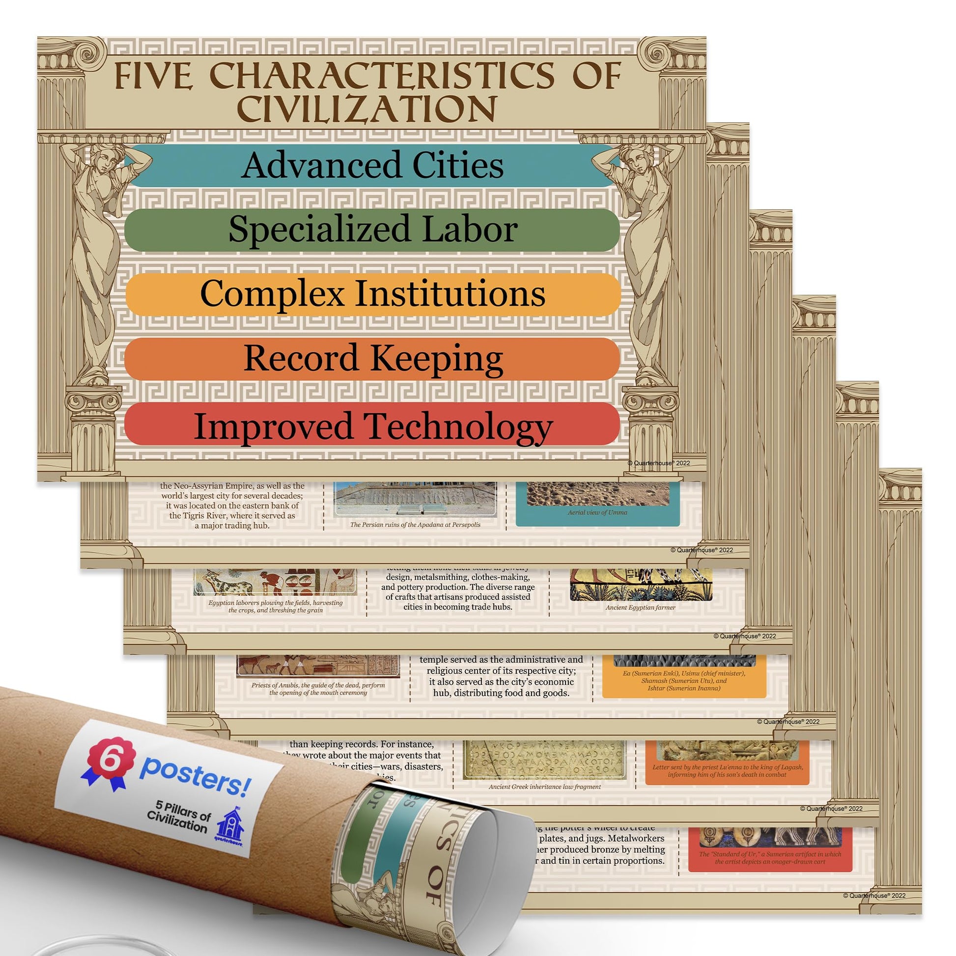 Quarterhouse 5 Pillars of Civilization Poster Set, US History and Civics Classroom Learning Materials for K-12 Students and Teachers, Set of 6, 12 x 18 Inches, Extra Durable