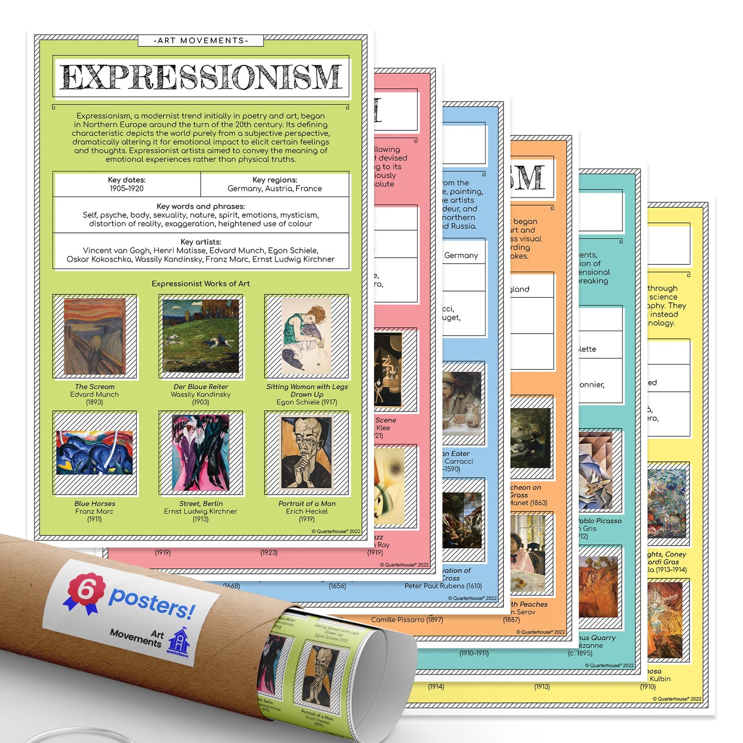 Quarterhouse Art Movements Poster Set, Art Classroom Learning Materials for K-12 Students and Teachers, Set of 6, 12 x 18 Inches, Extra Durable