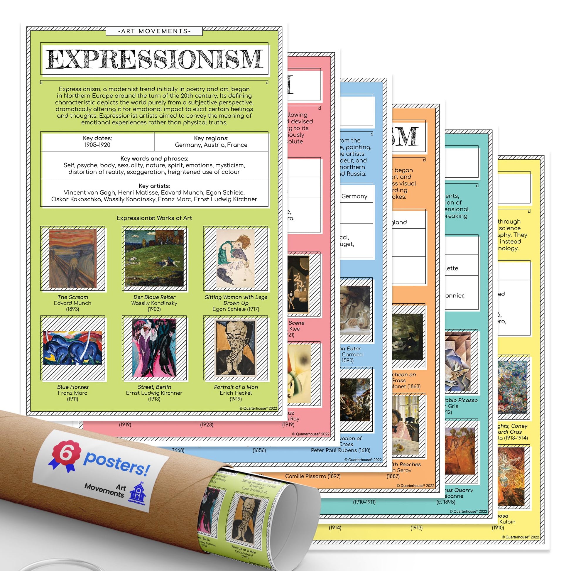 Quarterhouse Art Movements Poster Set, Art Classroom Learning Materials for K-12 Students and Teachers, Set of 6, 12 x 18 Inches, Extra Durable