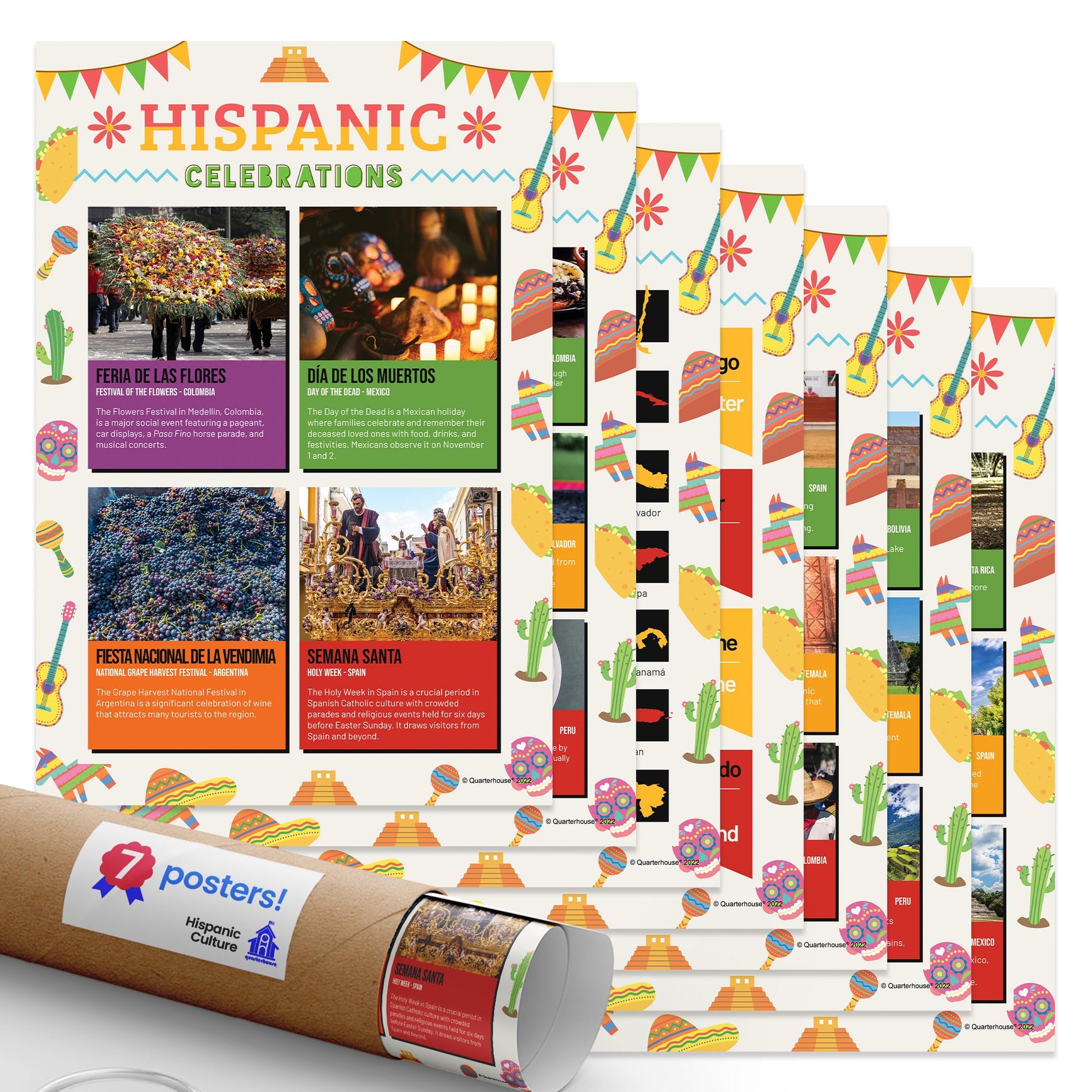 Quarterhouse Hispanic Culture Poster Set, Spanish - ESL Classroom Learning Materials for K-12 Students and Teachers, Set of 8, 12x18, Extra Durable
