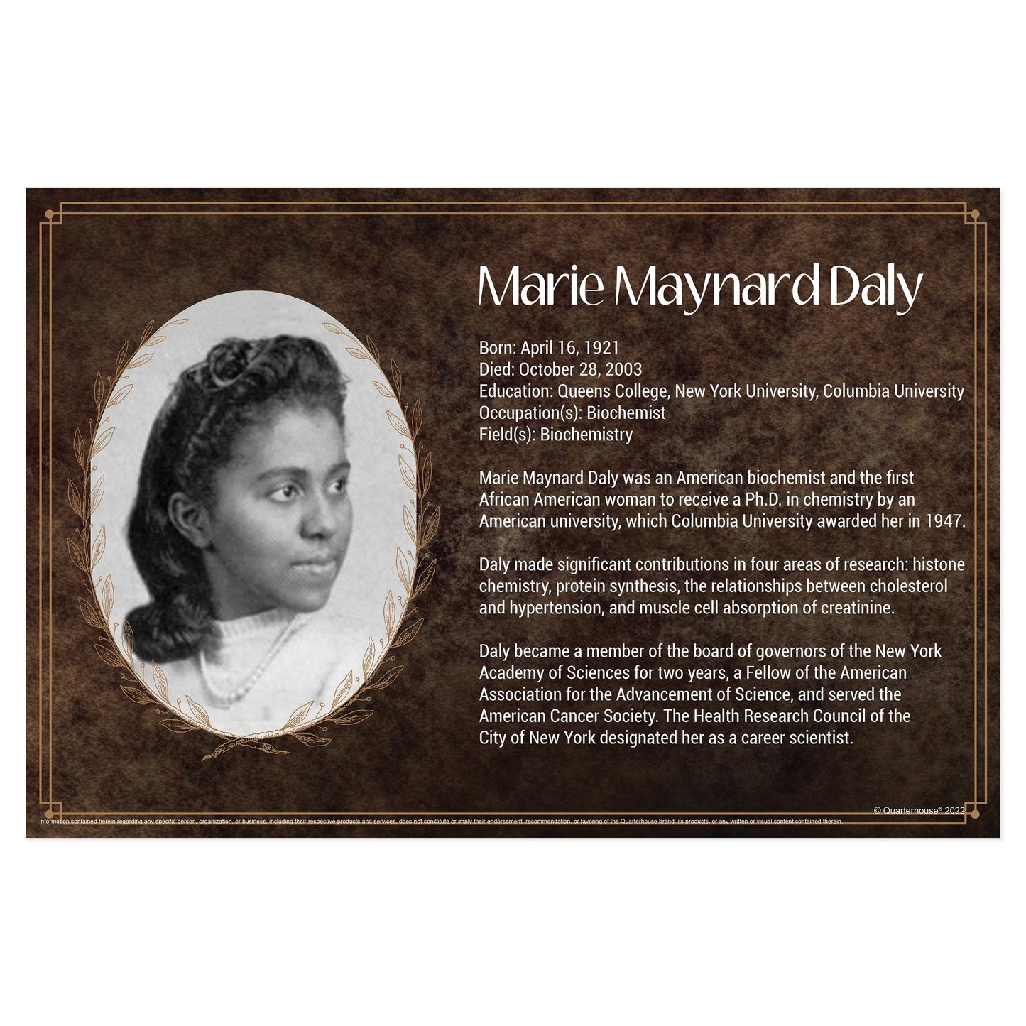 Quarterhouse Black Scientists - Marie Maynard Daly Biographical Poster, Science Classroom Materials for Teachers