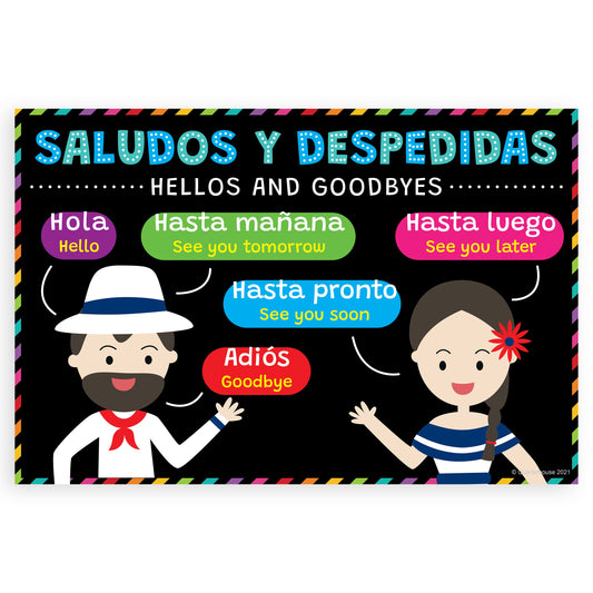 Quarterhouse Spanish Hellos and goodbyes Poster, Spanish and ESL Classroom Materials for Teachers