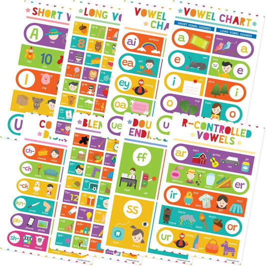 Quarterhouse Phonics Poster Set, English - Language Arts Classroom Learning Materials for K-12 Students and Teachers, Set of 8, 12 x 18 Inches, Extra Durable