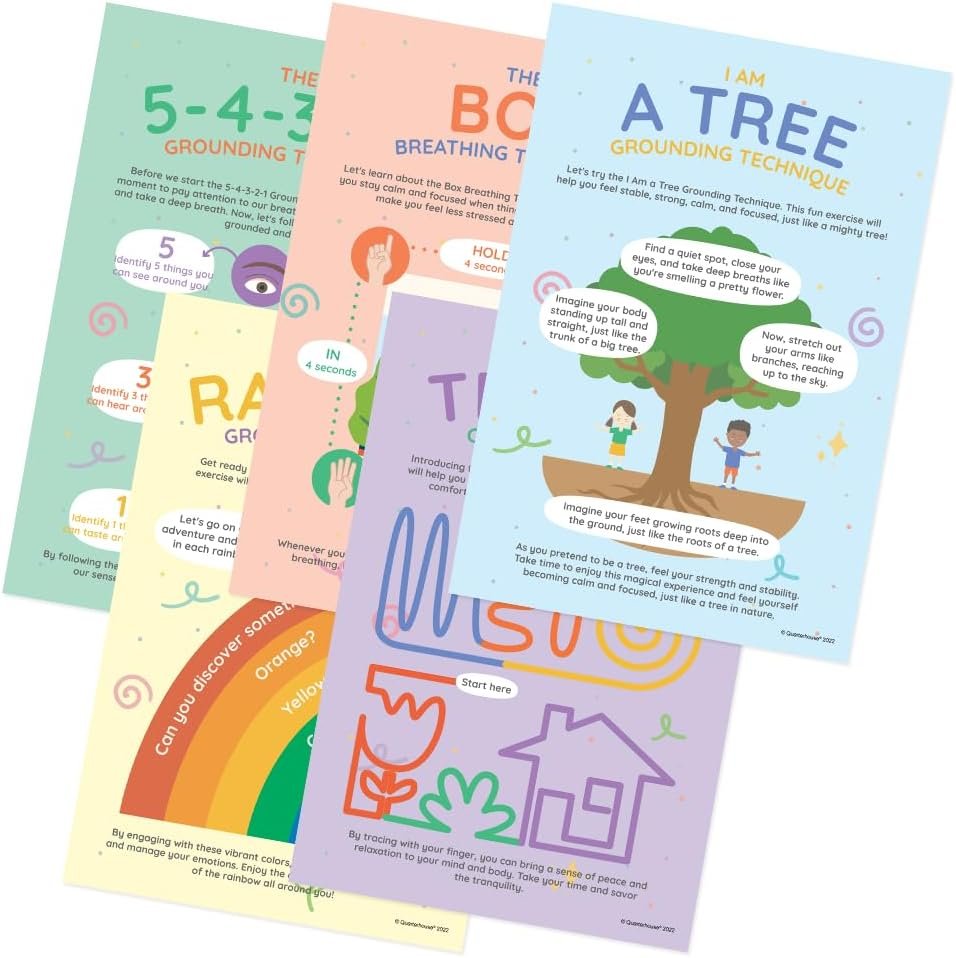 Quarterhouse Grounding Techniques Poster Set, Psychology Classroom Learning Materials for K-12 Students and Teachers, Set of 5, 12x18, Extra Durable