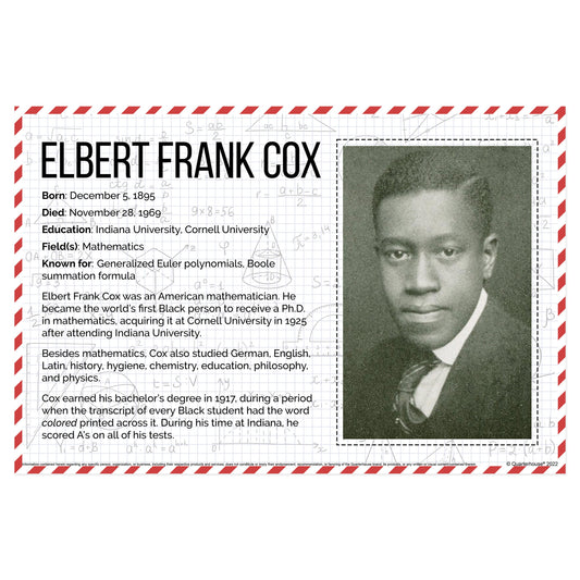 Quarterhouse Black Mathematicians - Elbert Frank Cox Biographical Poster, Math Classroom Materials for Teachers