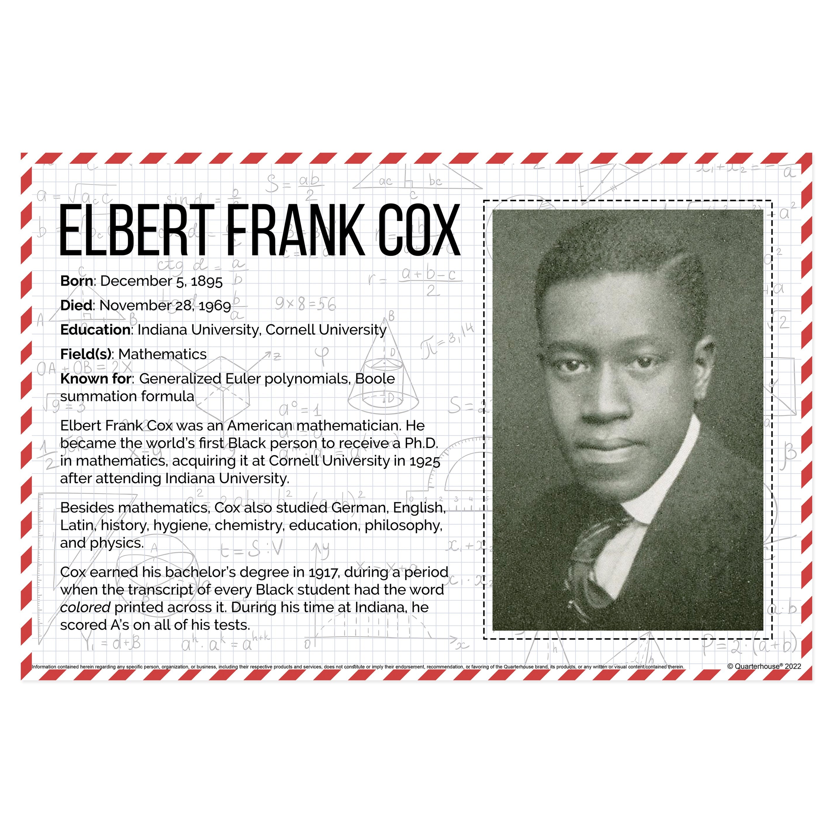 Cox Math Quarterhouse Black Mathematicians - Elbert Frank Cox Biographical Post ...