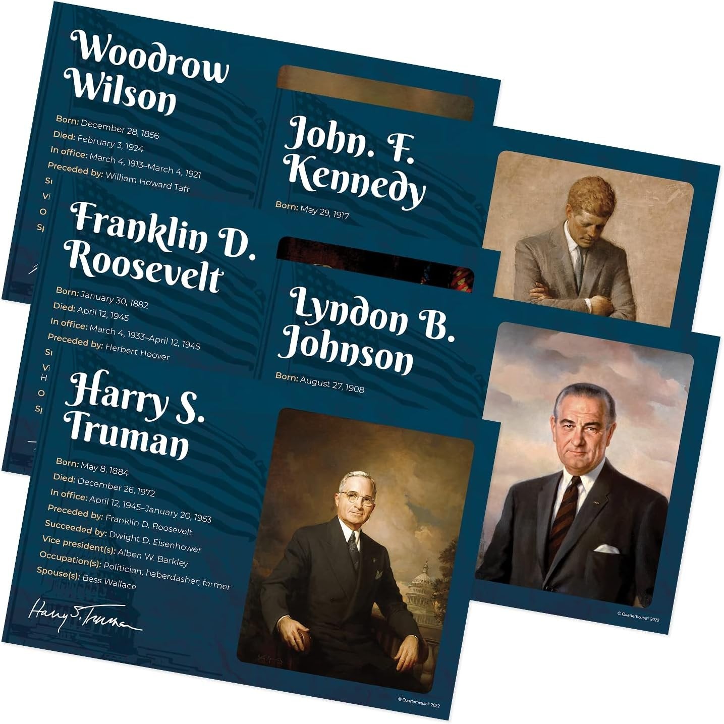 Quarterhouse Famous Democratic Presidents Poster Set, Social Studies Classroom Learning Materials for K-12 Students and Teachers, Set of 5, 12 x 18 Inches, Extra Durable