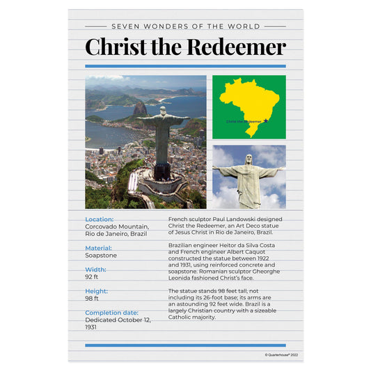 Quarterhouse 7 Wonders - Christ the Redeemer Poster, Social Studies Classroom Materials for Teachers