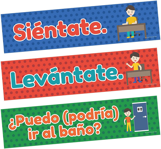 Quarterhouse Spanish Classroom Phrases and Commands Label Set, Spanish - ESL Classroom Learning Materials for K-12 Students and Teachers, Set of 18, 12 x 3 Inches, Extra Durable