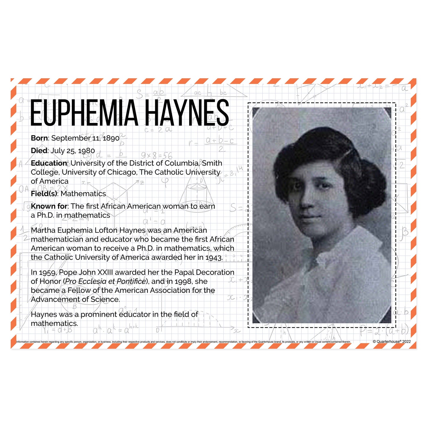 Quarterhouse Black Mathematicians - Euphemia Haynes Biographical Poster, Math Classroom Materials for Teachers