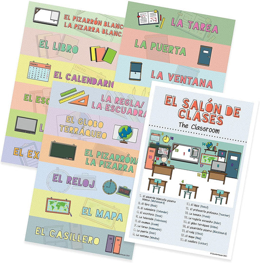 Quarterhouse Common Classroom Items (Spanish) Poster Set, Spanish - ESL Classroom Learning Materials for K-12 Students and Teachers, Set of 4, 12 x 18 Inches, Extra Durable