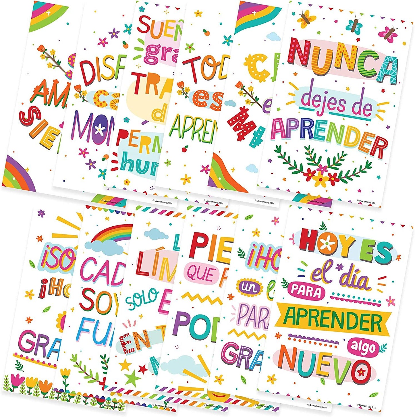 Quarterhouse Spanish Motivational (White) Poster Set, Spanish Classroom Learning Materials for K-12 Students and Teachers, Set of 12, 12 x 18 Inches, Extra Durable