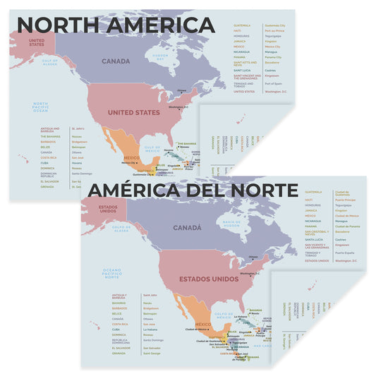 Quarterhouse English-Spanish Educational Map - North America (América Del Norte) Poster, Spanish and ESL Classroom Materials for Teachers