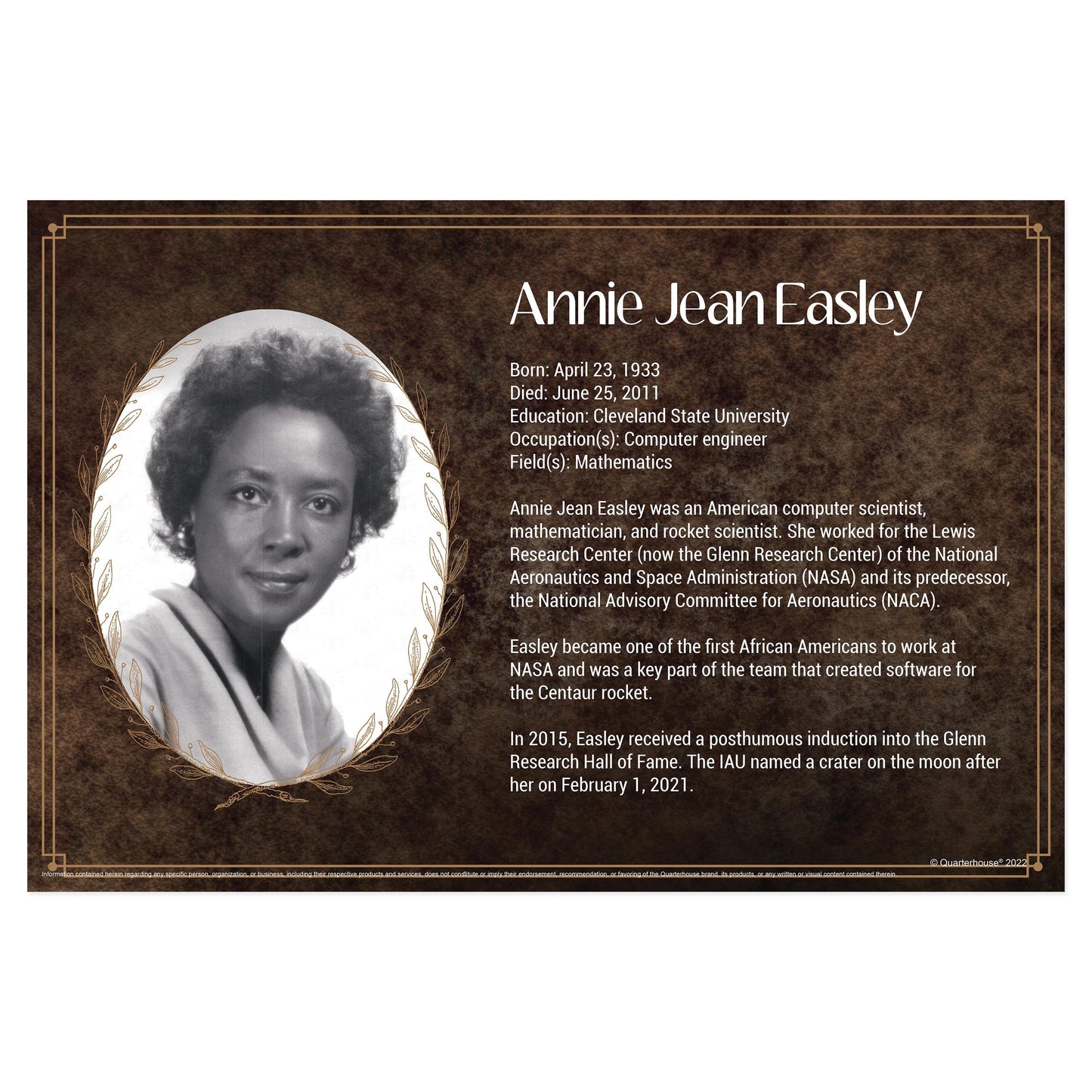 Quarterhouse Black Scientists - Annie Jean Easley Biographical Poster, Science Classroom Materials for Teachers