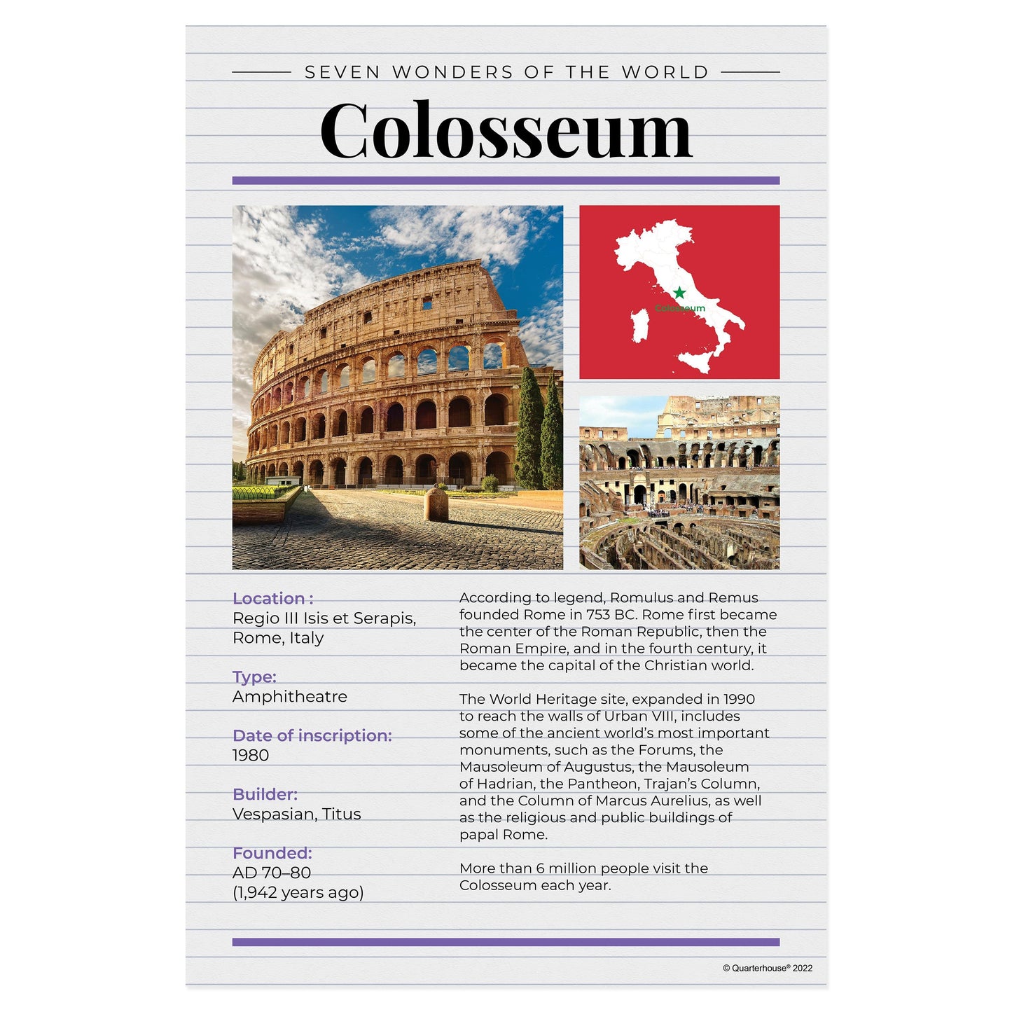 Quarterhouse 7 Wonders - Colosseum Poster, Social Studies Classroom Materials for Teachers