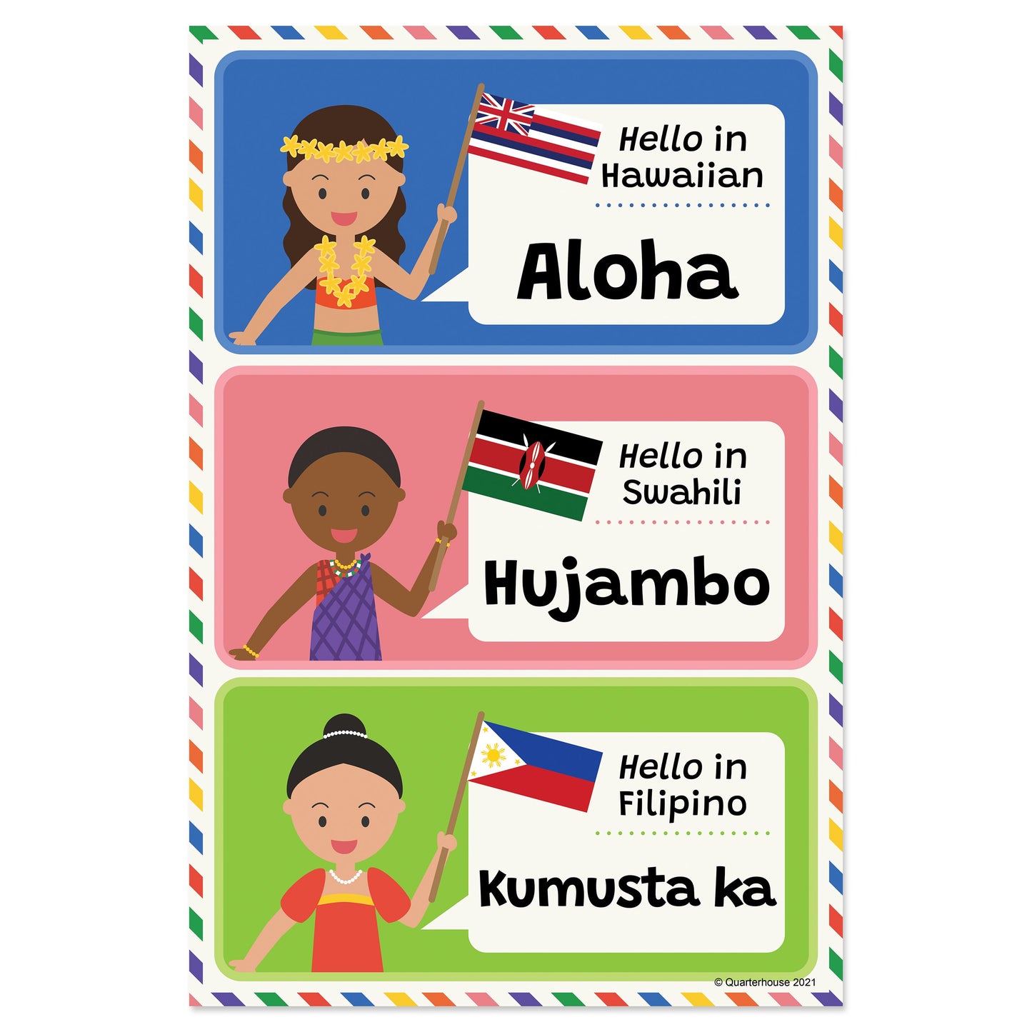 Quarterhouse Hello in Hawaiian, Swahili, and Filipino Poster, Foreign Language Classroom Materials for Teachers