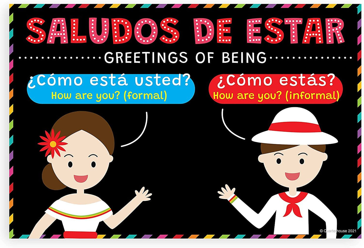 Quarterhouse Spanish Greetings, Sayings, and Questions Poster Set, Spanish - ESL Classroom Learning Materials for K-12 Students and Teachers, Set of 5, 12 x 18 Inches, Extra Durable