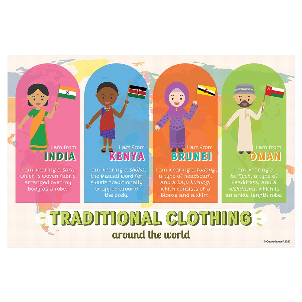 Quarterhouse Traditional Clothes (India, Kenya, Brunei, and Oman) Poster, Social Studies Classroom Materials for Teachers