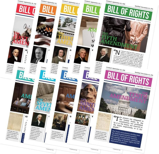 Quarterhouse Bill of Rights Poster Set, Social Studies Classroom Learning Materials for K-12 Students and Teachers, Set of 10, 12x18, Extra Durable