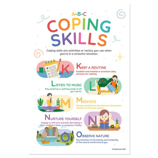 Quarterhouse Coping Skills K-O Poster, Psychology Classroom Materials for Teachers