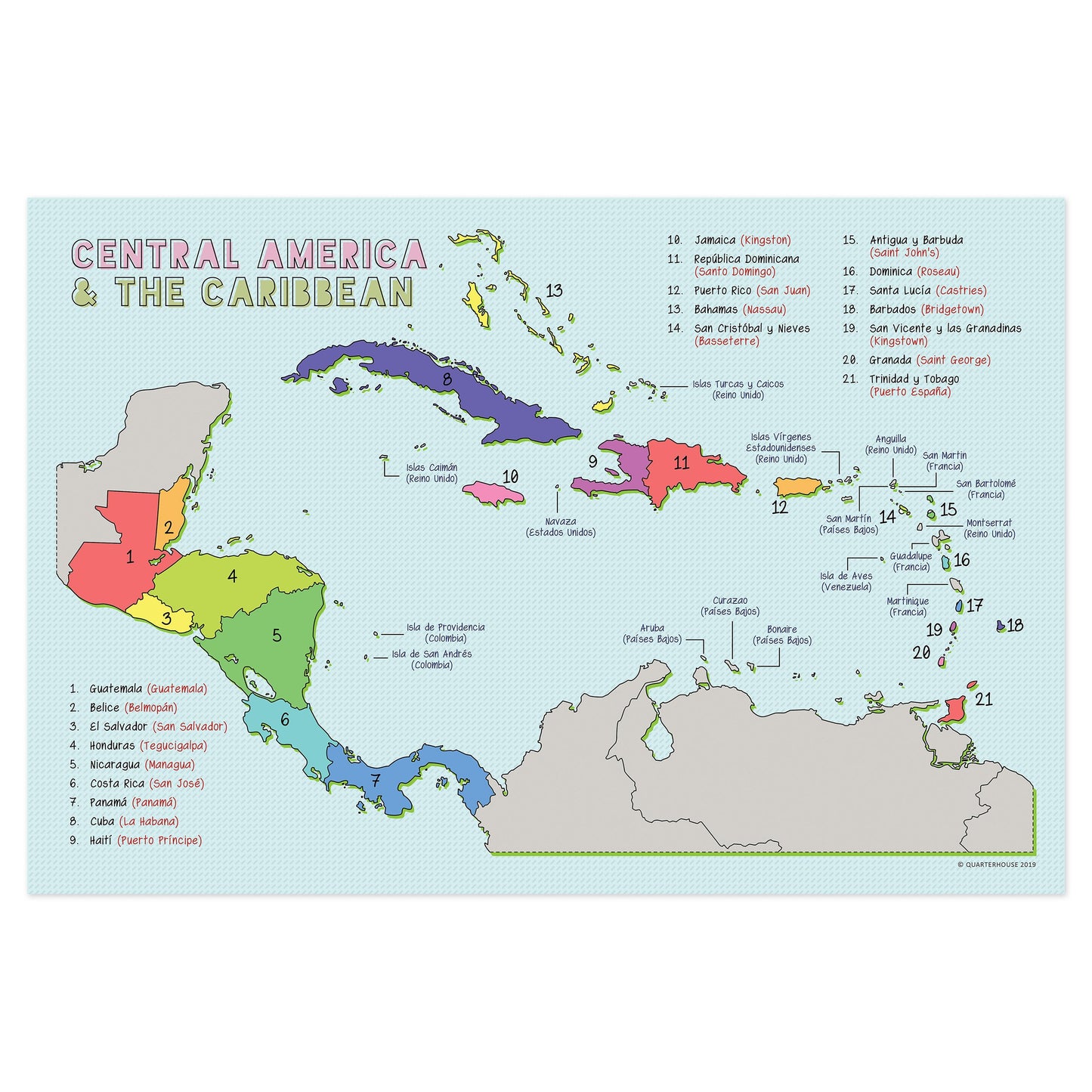 Quarterhouse Spanish Language Country Maps - Central American and Caribbean Countries and Capitals Poster, Spanish and ESL Classroom Materials for Teachers