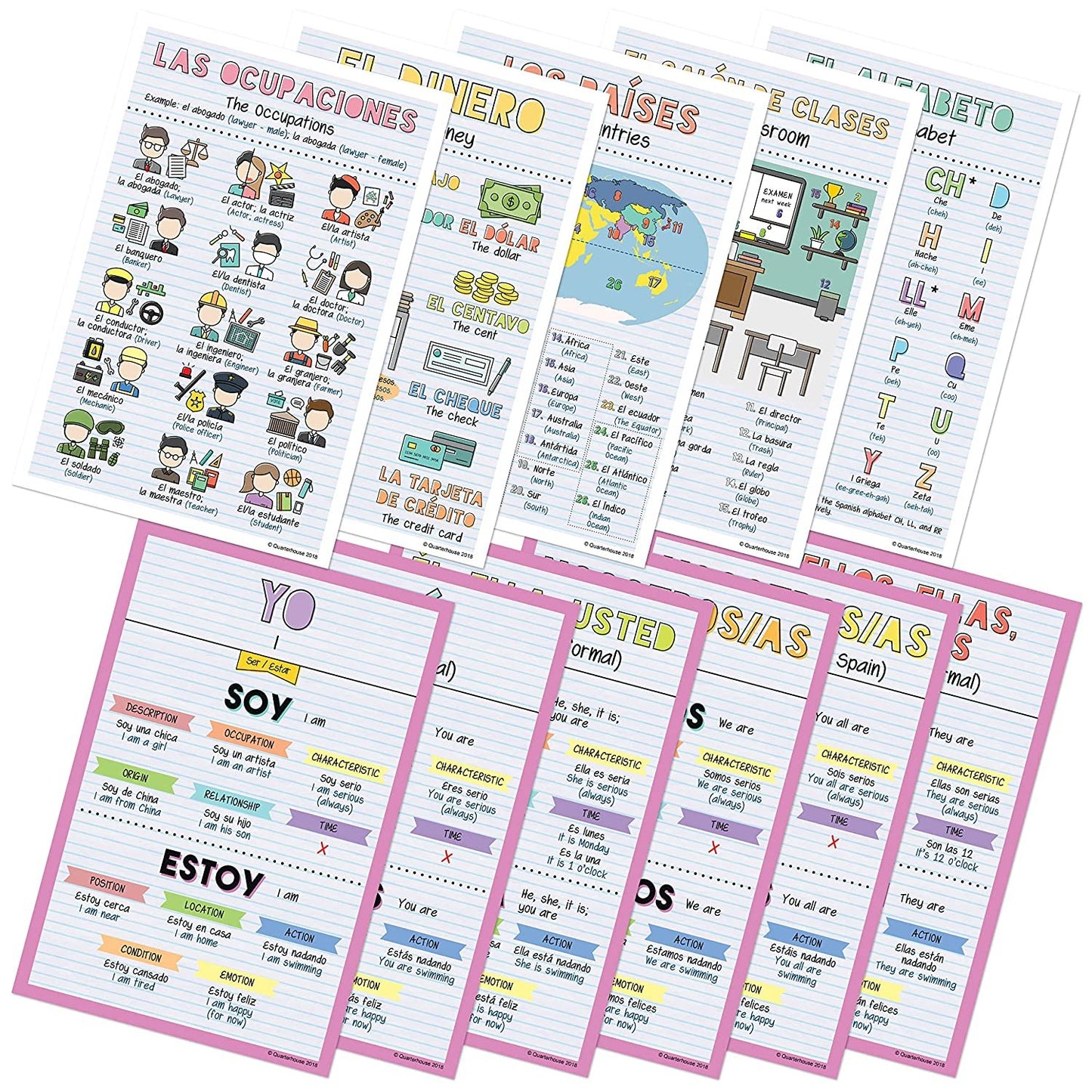 Quarterhouse Spanish Verbs & Beginner Vocabulary (Set D) Poster Set, Spanish Classroom Learning Materials for K-12 Students and Teachers, Set of 11, 12 x 18 Inches, Extra Durable