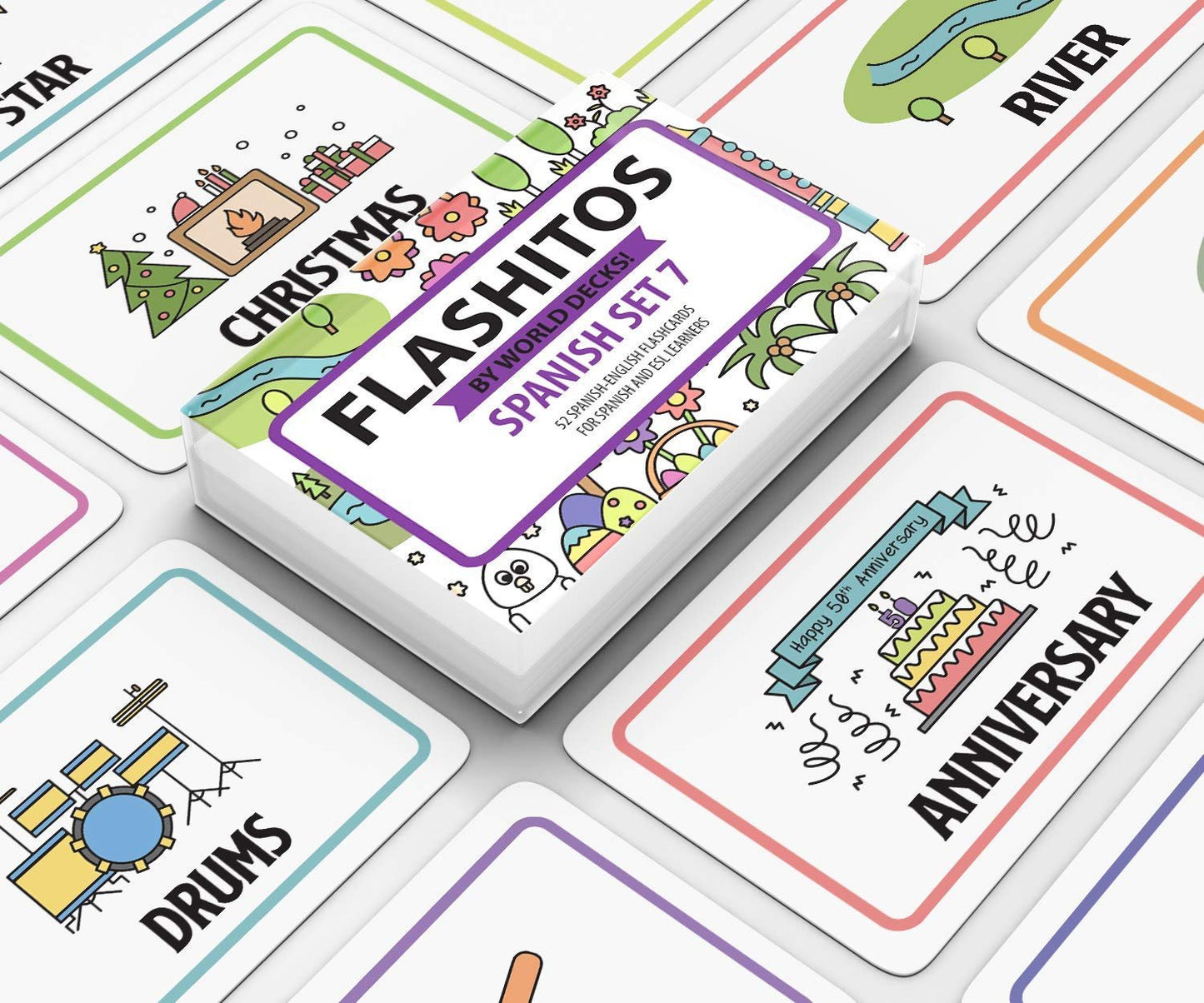 Flashitos by Quarterhouse! Spanish and French - ESL Flash Cards for K-12 Students and Teachers, Set of 52, 2.5 x 3.5 Inches