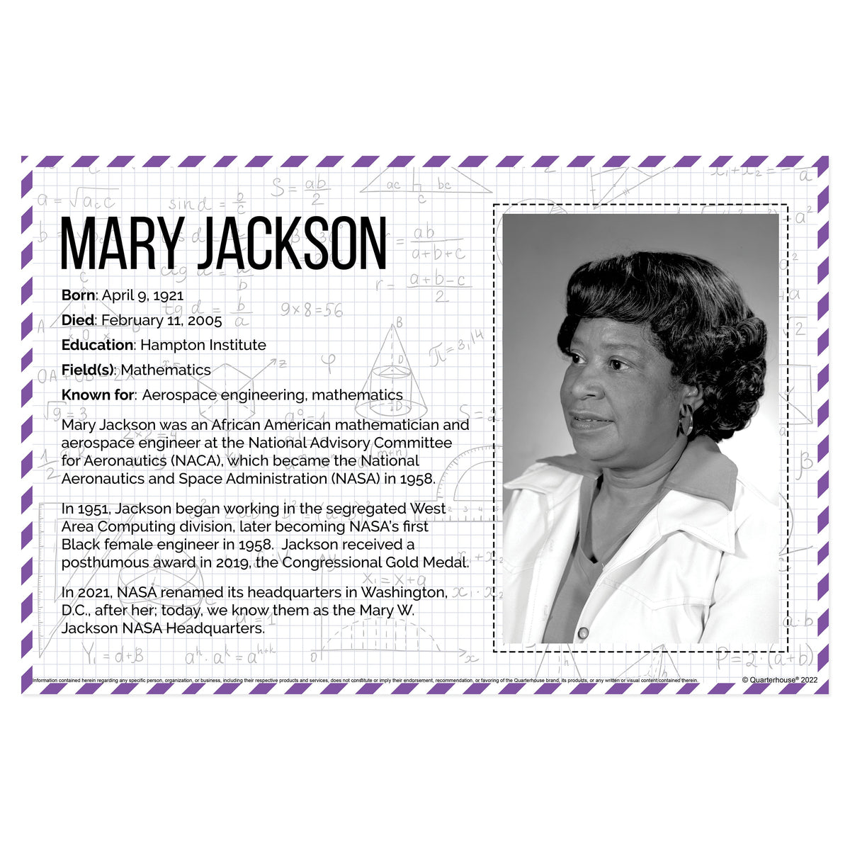 Mary Jackson Math Quarterhouse Black Mathematicians - Mary Jackson Biographical Poster ...