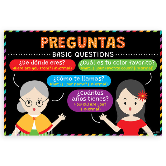 Quarterhouse Spanish Basic Questions Poster, Spanish and ESL Classroom Materials for Teachers
