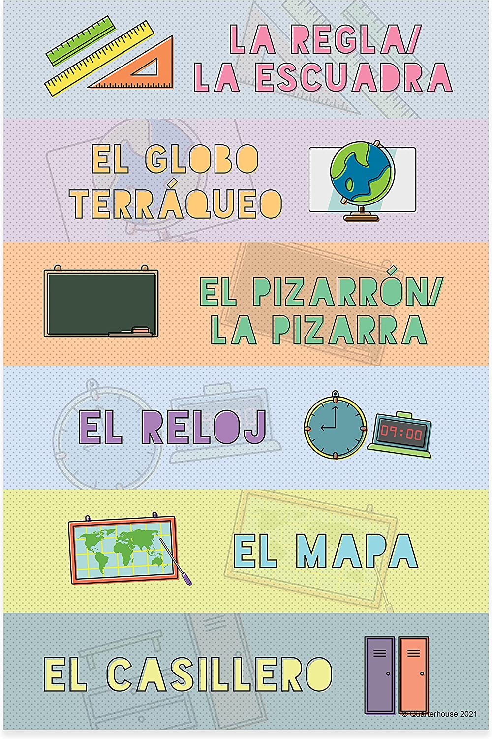 Quarterhouse Common Classroom Items (Spanish) Poster Set, Spanish - ESL Classroom Learning Materials for K-12 Students and Teachers, Set of 4, 12 x 18 Inches, Extra Durable