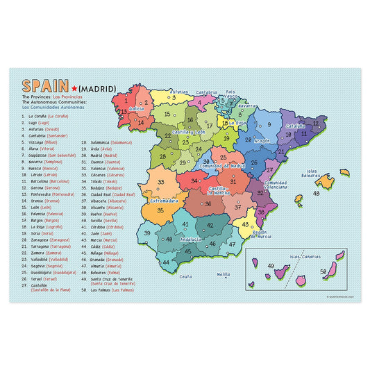 Quarterhouse Spanish Language Country Maps - Provinces, Provincial Capitals, and Autonomous Communities of Spain Poster, Spanish and ESL Classroom Materials for Teachers