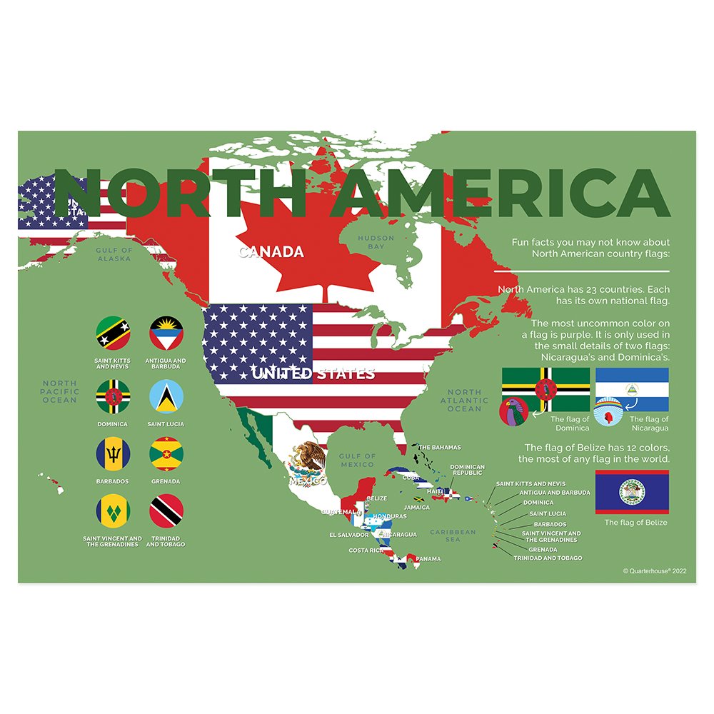Quarterhouse North American Flags Poster, Social Studies Classroom Materials for Teachers