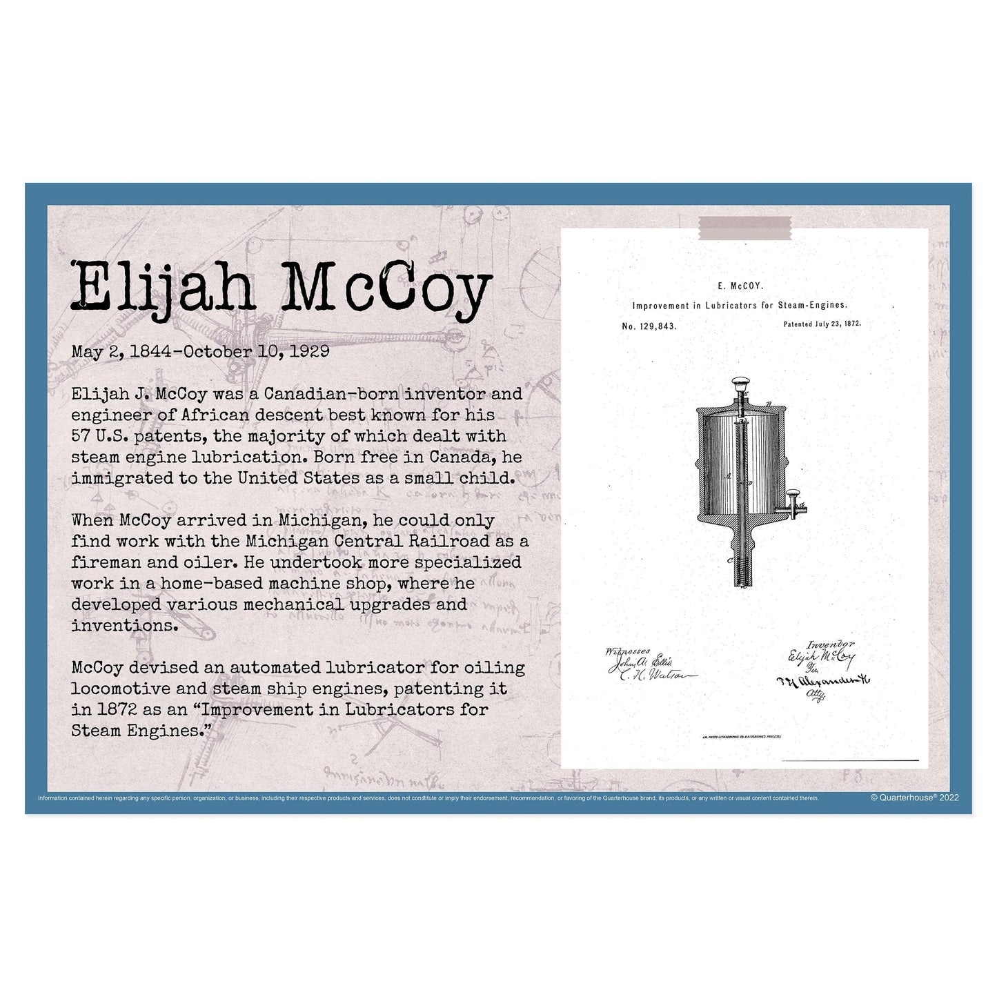 Quarterhouse Black Inventors - Elijah McCoy Biographical Poster, STEM and History Classroom Materials for Teachers