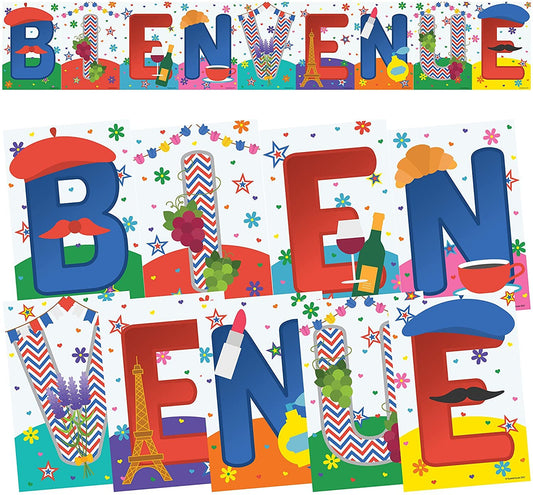Quarterhouse Bienvenue Welcome Poster Set, French - ESL Classroom Learning Materials for K-12 Students and Teachers, Set of 9, 12 x 18 Inches, Extra Durable