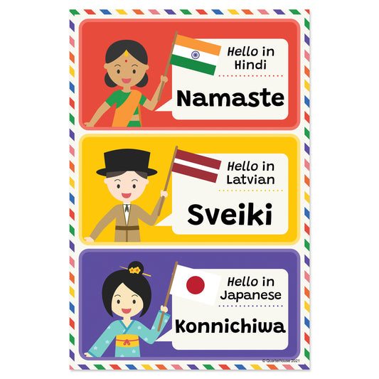 Quarterhouse Hello in Hindi, Latvian, and Japanese Poster, Foreign Language Classroom Materials for Teachers