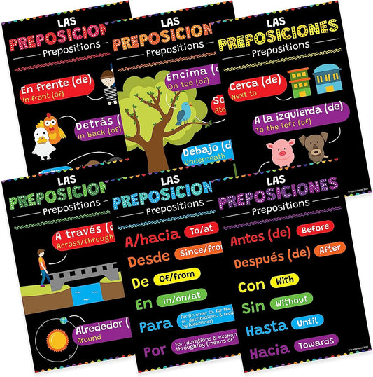 Quarterhouse Spanish Prepositions Poster Set, Spanish - ESL Classroom Learning Materials for K-12 Students and Teachers, Set of 6, 12 x 18 Inches, Extra Durable