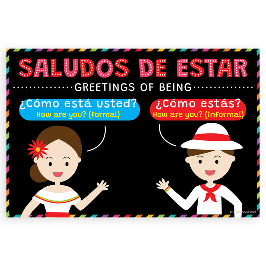 Quarterhouse Spanish Greetings of Being Poster, Spanish and ESL Classroom Materials for Teachers