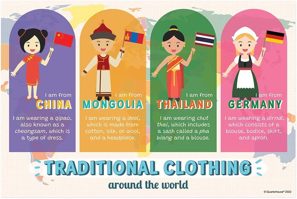 Quarterhouse Traditional Clothes Around the World Poster Set, Social Studies Classroom Learning Materials for K-12 Students and Teachers, Set of 6, 12 x 18 Inches, Extra Durable