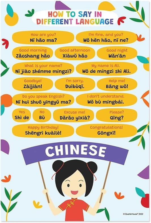Quarterhouse How to Say in Different Languages Poster Set, Foreign Language Classroom Learning Materials for K-12 Students and Teachers, Set of 10, 12x18, Extra Durable