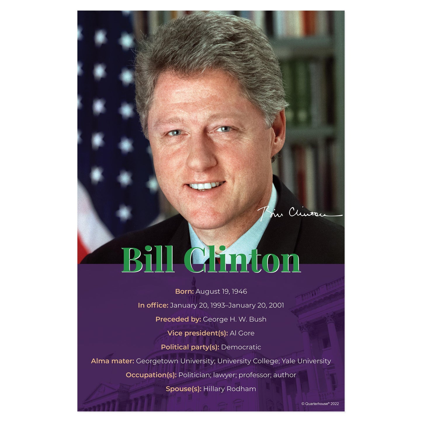 Quarterhouse President Bill Clinton Biographical Poster, Social Studies Classroom Materials for Teachers