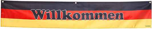 Quarterhouse German Welcome Banner for German Classrooms, Bilingual Businesses, Special Events - Flag of Germany (Black, Red & Yellow) Background - Polyester, 60 x 10 Inches