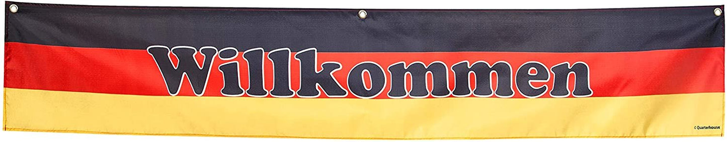 Quarterhouse German Welcome Banner for German Classrooms, Bilingual Businesses, Special Events - Flag of Germany (Black, Red & Yellow) Background - Polyester, 60 x 10 Inches