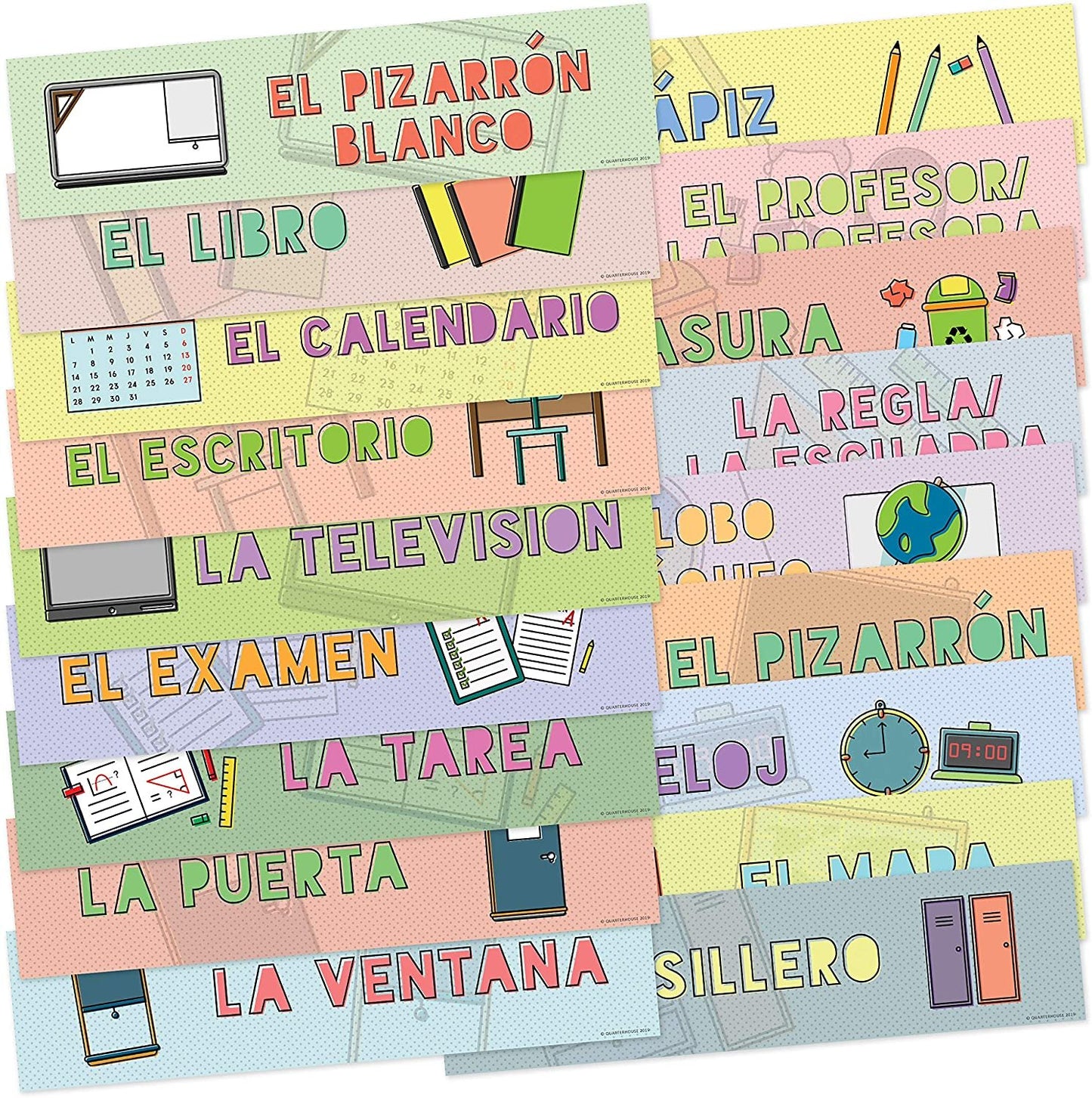 Quarterhouse Spanish Language Labels for Common Classroom Items (Non-Adhesive) Label Set, Spanish - ESL Learning Materials for K-12 Students and Teachers, Set of 18, 12 x 3 Inches, Extra Durable