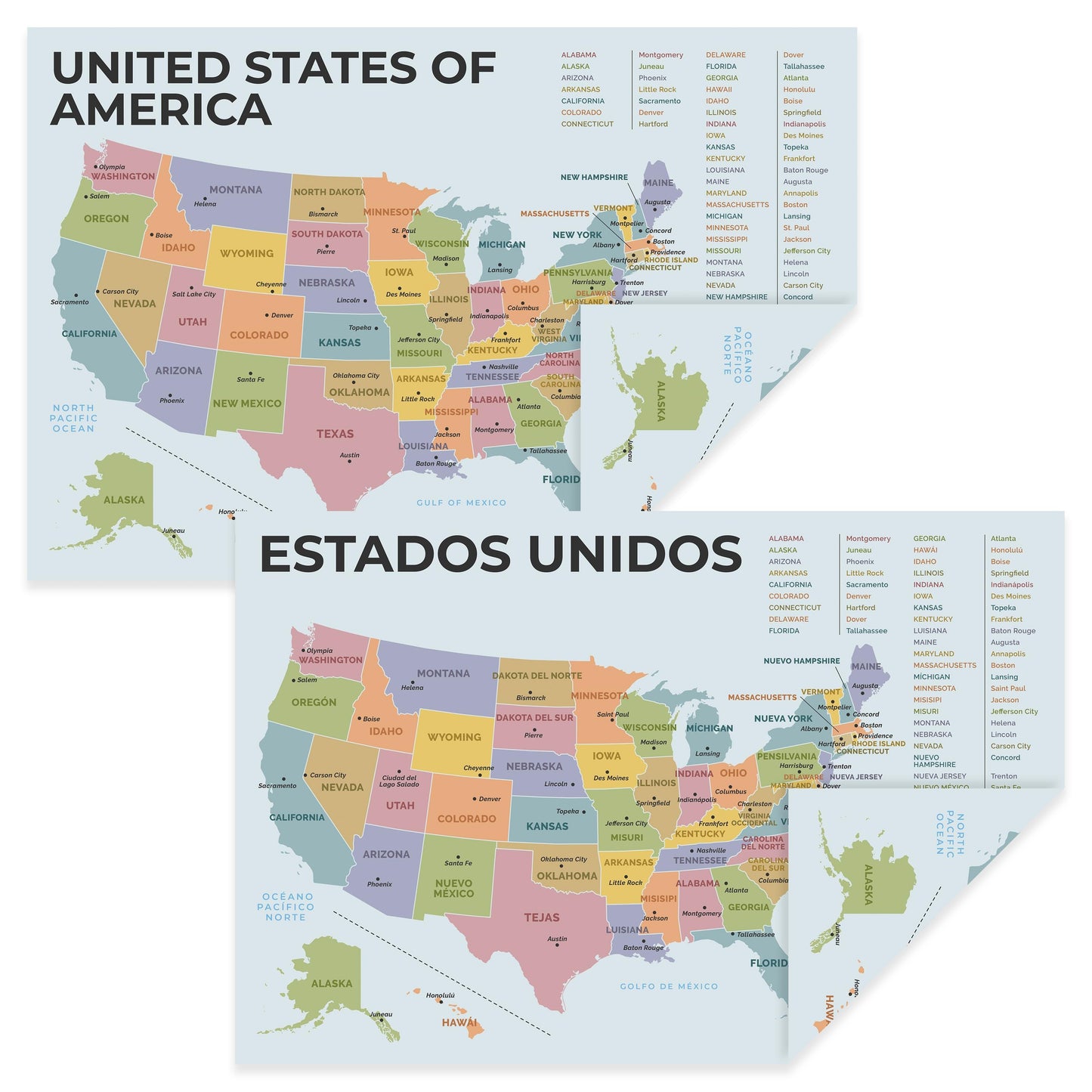 Quarterhouse  English-Spanish Educational Map - United States of America (Estados Unidos) Poster, Spanish and ESL Classroom Materials for Teachers