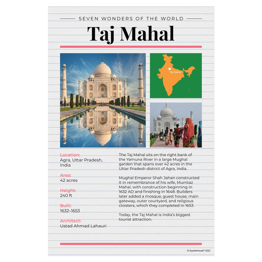 Quarterhouse 7 Wonders - Taj Mahal Poster, Social Studies Classroom Materials for Teachers